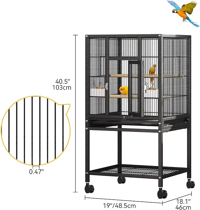 DWVO 41-inch Metal Bird Cage | Large Parrot Cages with Rolling Stand​ - Features Tray, Food Boxes & Wooden Perches - Image 2