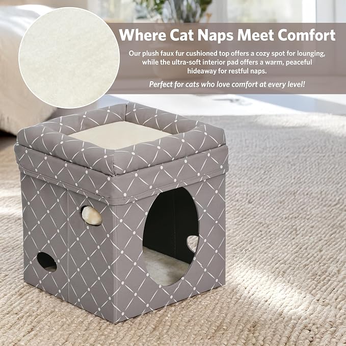 MidWest Homes for Pets Feline Nuvo Curious Cat Cube, Foldable Cat Hideout with Toy, Bolstered Bed Top, Mushroom Diamond, Faux Fur - Image 3