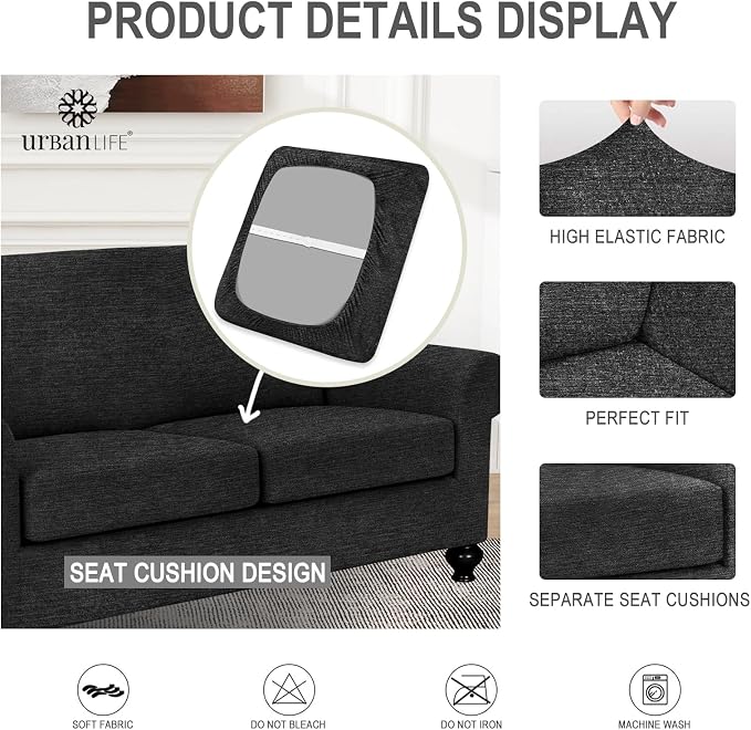 URBANLIFE 3-Piece Stretch Sofa Covers for 2 Cushion Couch, Black | Super fitted spandex slipcovers for couches. Non-slip elastic bottom. Machine washable furniture protector for kids & pets. - Image 6