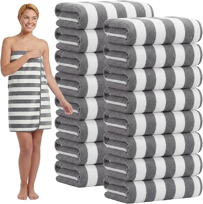 SmoothNovelty 16 Pack Microfiber Bath Towels Bulk 27'' x 60'' Oversized Size Bath Towel Highly Absorbent Extra Large Soft Drying for Beach Shower Summer Salon Sport Gym Party (Stripe,Dark Grey) by SmoothNovelty