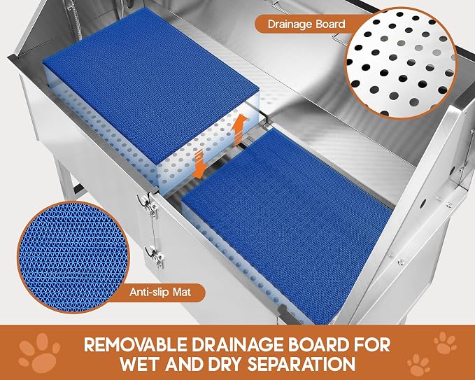 Albott 50-Inch Stainless Steel Dog Washing Station with Anti-Slip Steps, Sprayer, Faucet, and Soap Box – Professional Pet Bathtub for Medium/Small Pets, Ideal for Home, Garage, and Grooming(Left) - Image 3