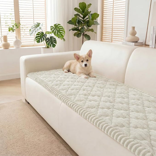 Non-Slip Washable Couch Cover for Dogs, Thick Plush Grid Flannel | 27.6"x70.9", Cream, 0.8" Thick, Rubber Dot Backing, Pet-Friendly Protector for Sofa, Floor, Window Bench, Car Seat or Camping by Unknown