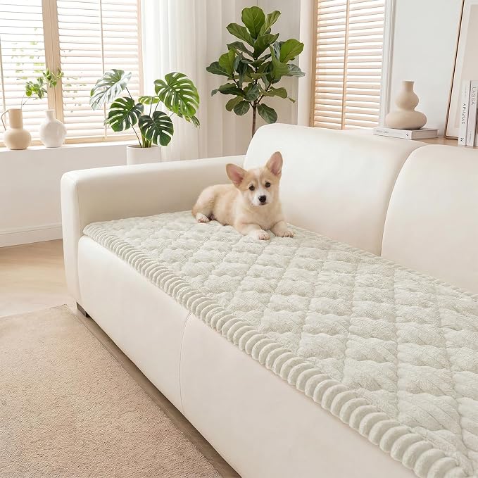 Non-Slip Washable Couch Cover for Dogs, Thick Plush Grid Flannel | 27.6"x82.7", Cream, 0.8" Thick, Rubber Dot Backing, Pet-Friendly Protector for Sofa, Floor, Window Bench, Car Seat or Camping by Unknown