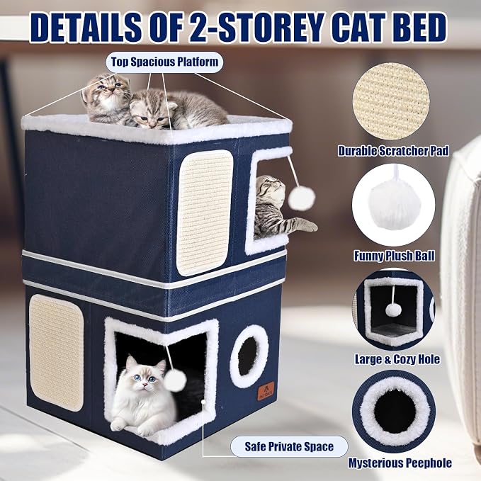 2-Story Cat House for Indoor Cats, Dual-Purpose Cat Cave Bed with Scratch Pad and Fluffy Ball, Foldable Cat Hideaway, Cute Cat Condo Furniture for Multi Small Pet Kitten, Blue - Image 5