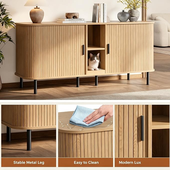 58" Double Cat Litter Box Enclosure, Large Hidden Litter Box Furniture for 2 Cats with Cat Scratch Pad, Wooden Modern Indoor Cat House with Double Room, TV Stand, Side Table, Natural - Image 4