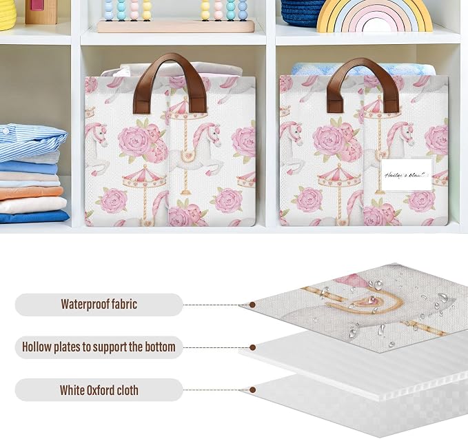 Cute Carousel Horse with Pink Flower Baby Storage Basket with Label&Handles Rectangular Waterproof Nursery Storage Bins Collapsible Shelf Organizer Baskets for Kids Books Cloth Gift Toys Laundry, 2 PC - Image 5