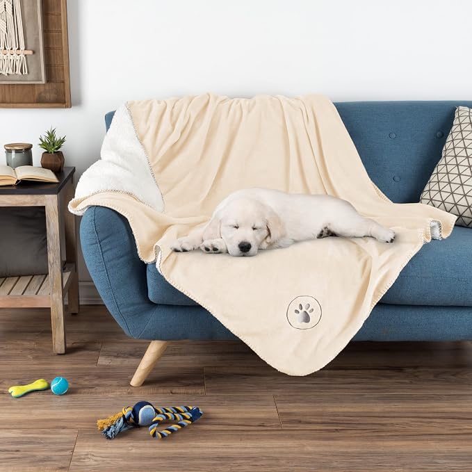 Waterproof Pet Blanket - 50x60-Inch Reversible Sherpa Fleece Throw Protects Couches, Cars, and Beds from Spills, Stains, and Fur by PETMAKER (Cream) - Image 4