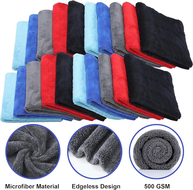 Shimeyao 30 Pcs 16 x 16 Inch Edgeless Microfiber Plush Towels for Cars Detailing Drying Wash Polishing Absorbent Cleaning Cloths, 500 GSM (Blue, Light Blue, Black, Grey, Red) - Image 3