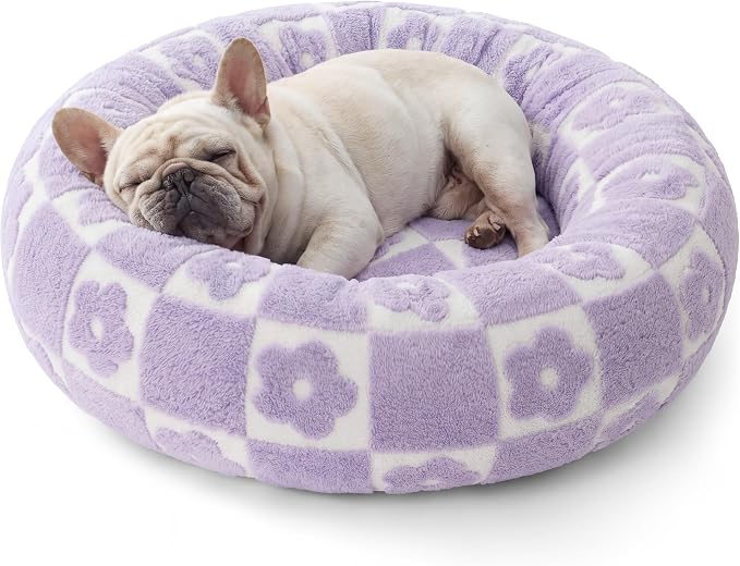 LE SURE Shown on TV Donut Dog Bed Medium - Round Cat Beds Indoor as Bed Gift for Calming with Washable Cover, Cute Home Decor Bed with Jacquard Shaggy Plush & Anti Slip Bottom, 30 Inch, Flower Checks by Lesure