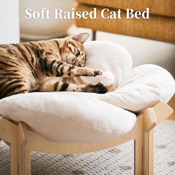 PACHIRA Elevated Cat Bed Wooden, Cat Couch Fluffy, Cat Sofa Flower for Indoor Cats, Raised Cat Bed with Washable Fluffy Cushion and Birch Wood, Cat Chair for Kitty and Puppy, Cat Furniture (White) - Image 3