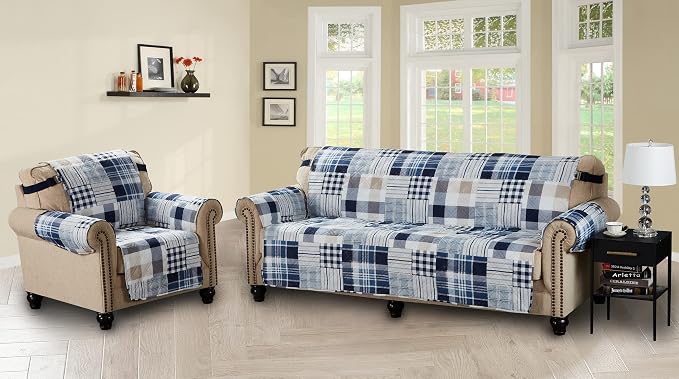 Brilliant Sunshine Blue Plaids and Stripes Patchwork Couch Cover, Quilted Large Sofa Slipcover, 70" Seat Width, Reversible Furniture Protector, 2" Strap, Washable Cover for Pets, Kids, Dogs, Cats,Blue | Non Slip Sofa Cover, Quilted Furniture Protector,... - Image 6