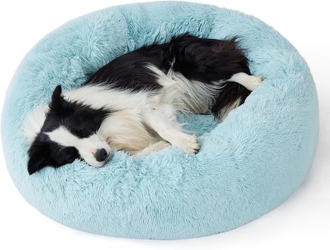 Bedsure Calming Dog Beds Large Sized Dog Donut Washable Pet Bed,36ins | Fluffy Faux Fur Round Cuddler,with Removable Washable Cover,Anti-Slip Bottom,Anti-Anxiety,for Pets Up to 80 Lbs,Aqua Blue by Unknown