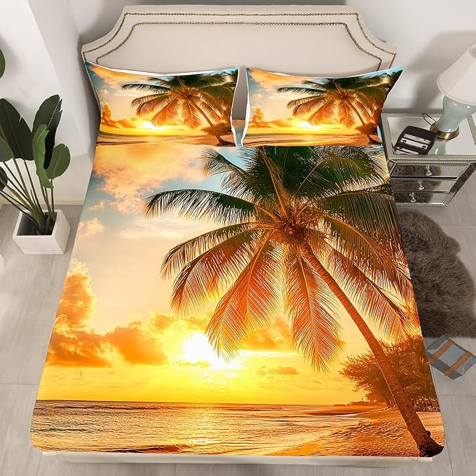 Ocean Sheet Set,Beach Themed Bedding Set Sunset Palm Tree Fitted Sheet & Flat Sheet Teal Blue Brown Ocean Sea Life Pattern Coastal Bed Sheet Set for Kids Boys Girls Bedroom Decor(Twin Size,Top Sheet) - Image 2