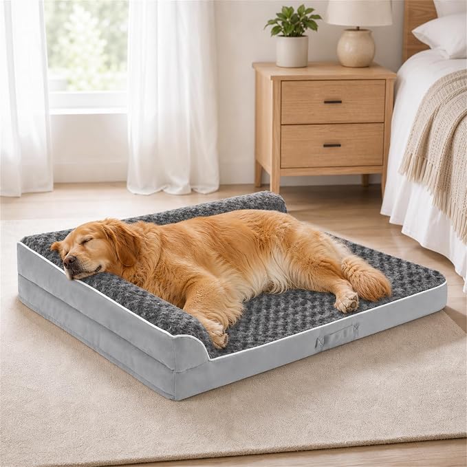 Dog Beds Large Sized Dogs, XL Orthopedic Dog Beds for Large Dogs 42"x30"x7.5", Waterproof Pet Bed with Washable Cover, L-Shaped Pet Couch with Portable Handle, Grey by Aeroluxe