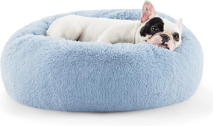 Bedsure Calming Small Dog Bed Donut Washable Cat＆Puppy Bed,23 inches | Fluffy Faux Fur Round Cuddler,Anti-Slip Bottom,Anti-Anxiety,Deep Sleeping for Large Cat & Pets Up to 25 Lbs,Light Blue by Unknown