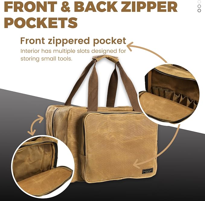 Tool Tote Bag - Large Capacity Tool Carrying Bag with 2 Zipper Pouches, Sustainable 16OZ Waxed Canvas Garden Tote for Gardening Set Hammer Fishing Gear Goggles - Khaki - 15.5"L x 7.5"W x 11.5"H - Image 4