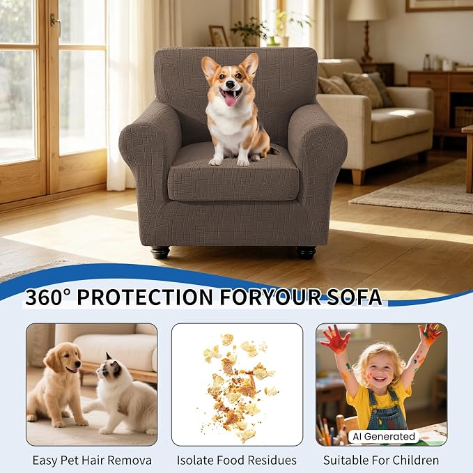 CYCMCAO Stretch 2 Piece Armchair Covers, Non Slip Chair Covers Armchair, Sofa Covers for Pets Washable with Elastic Bottom, Couch Slipcover for Kids, Dogs (Light Brown), 31"-46" (1 Cushion) - Image 5