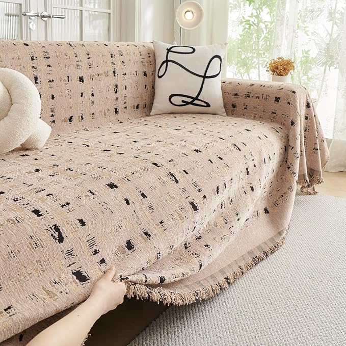 DREAMINGO Abstract Chenille Couch Cover Blanket Coffee Black Boho Sofa Cover, Washable Furniture Protector, Universal Slipcover for Couch, Geometric Brushstroke Jacquard, XX-Large 71"x150" - Image 2