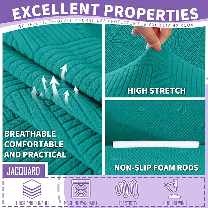 ZNSAYOTX 2 Piece Stretch Chair Covers (31"-46"), Thick Striped Armchair Slipcover with Elastic Band Bottom Ties Non-Slip Stay in Place, Soft Durable Arm Chair Covers for Living Room, Peacock Teal - Image 2