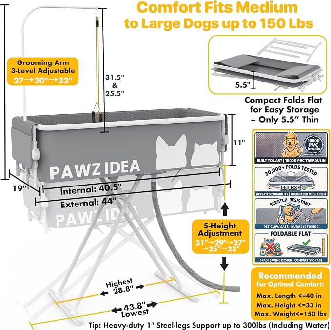 PAWZIDEA 2-in-1 Dog Bath Tub & Grooming Table 43" for Medium to Large Dogs | 5 Height Adjustable Elevated Dog Bathtub, Foldable Washing Station w/ Grooming Arm &1.8" Fast Drain, up 150lb,Indoor Outdoor - Image 2
