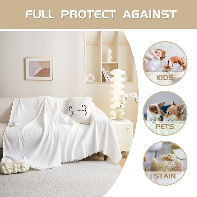MEETSKY Couch Cover for 3 Cushion Couch Sofa Furniture Protector Sofa Covers Chenille Sectional Couch Covers for Pets Oversized Couch Cover Recliner Sofa Love Seat Covers, 91" x 118", White - Image 2