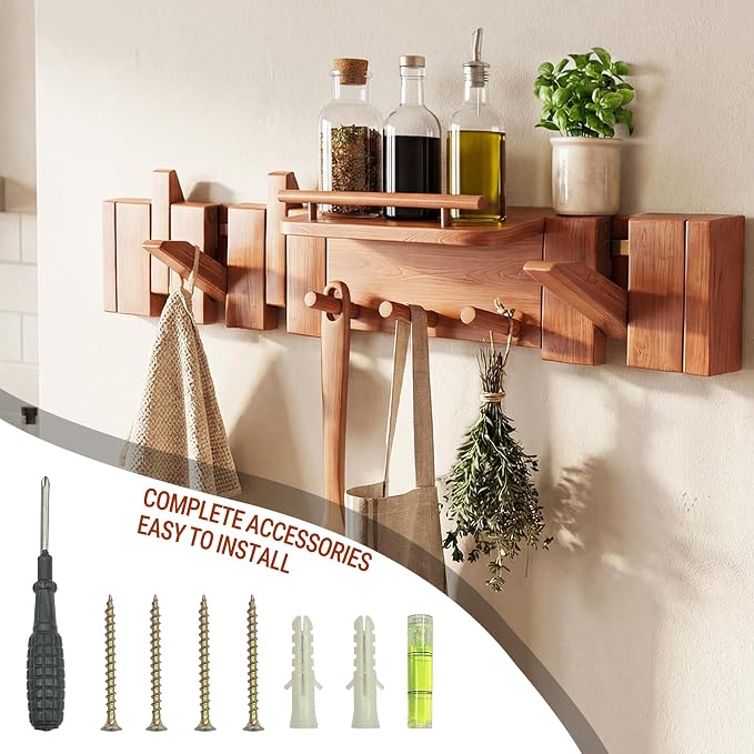 Mid Century Modern Wood Coat Rack Wall Mount with Shelf, 7 Hooks, Walnut | Wood and metal wall rack with fold-down piano-key hooks and display shelf organizes coats, bags, keys and decor up to 25 lb. - Image 6
