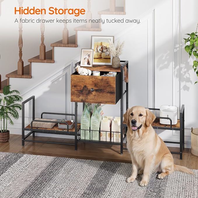 HOOBRO Raised Dog Bowl Stand with Storage, Lifted Feeding Station, Elevated Bowl Holder, 4 Adjustable Heights, for Large Medium Small Dogs, with 1 Drawer and 2 Hooks, Rustic Brown BF23PO03G1 - Image 5