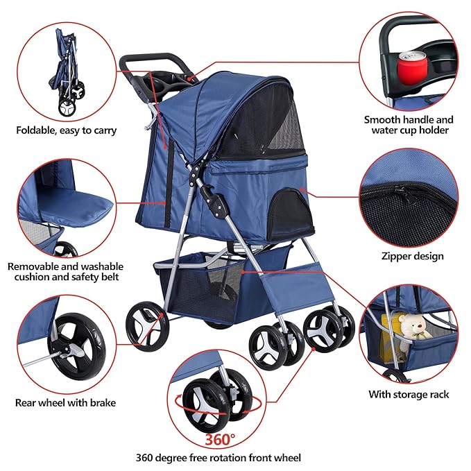 Pet Stroller 4 Wheels Dog Cat Stroller for Small Medium Dog Cats Carrier Jogger Travel Foldable Puppy with Storage Basket and Cup Holder (Navy Blue)