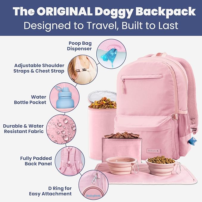 Dog Travel Bag for Supplies - Complete Dog Diaper Bag Backpack with 2 BPA-Free Travel Bowls, Treat Pouch, Food Container, Placemat & Laptop Sleeve – for Traveling, Road Trips, Hiking: Dusty Pink | 2 BPA-Free Bowls; Food Container & Treat Pouch; Placema... - Image 2