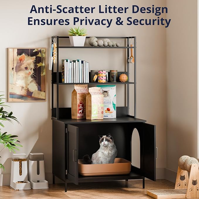 Cozy Castle Cat Litter Box Enclosure with Storage, 57'' Hidden Cat House Furniture, Wooden Cat Cabinet with Shelves & 4 S-Hooks, Indoor Cat Litter Box Organizer, Black - Image 3
