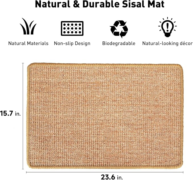 FUKUMARU Cat Scratcher Mat, 23.6 X 15.7 Inch Natural Sisal Cat Scratch Mat | Horizontal Cat Scratching Pad Mat Floor Rug with Sticky Tapes, Cat Wall Scratcher for Indoor Cats, Protect Couch and Carpet - Image 2