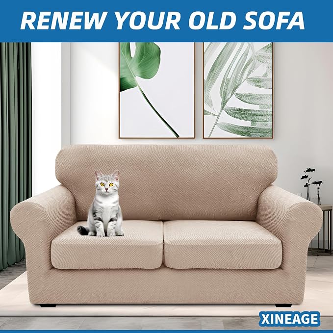 XINEAGE 2026 New 3 Pieces Couch Covers for 2 Cushion Sofa Super Stretch Loveseat Slipcover Pet Dog Universal Slip Cover Anti Slip Love Seat Furniture Protector (Khaki, 55"-69") - Image 4