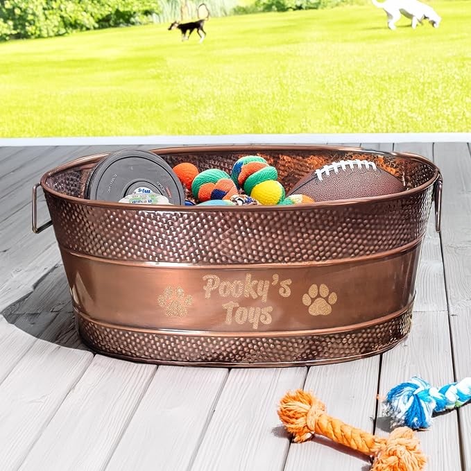 BREKX Personalized Copper Metal Dog Toy Storage Bin with Handles, Large - Image 2