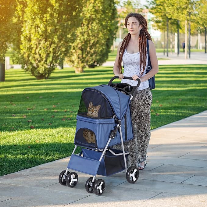 Pet Stroller 4 Wheels Dog Cat Stroller for Small Medium Dog Cats Carrier Jogger Travel Foldable Puppy with Storage Basket and Cup Holder (Navy Blue)
