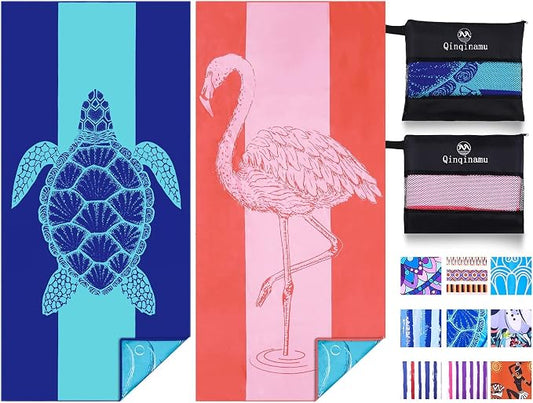 2 Pack Microfiber Lightweight Beach Towel 71"x32" Oversized Extra Large Thin Sand Free Towels Travel Swim Pool Yoga Gym Camping for Adults Women Men Beach Essentials Accessories Vacation Gift by Qinqinamu