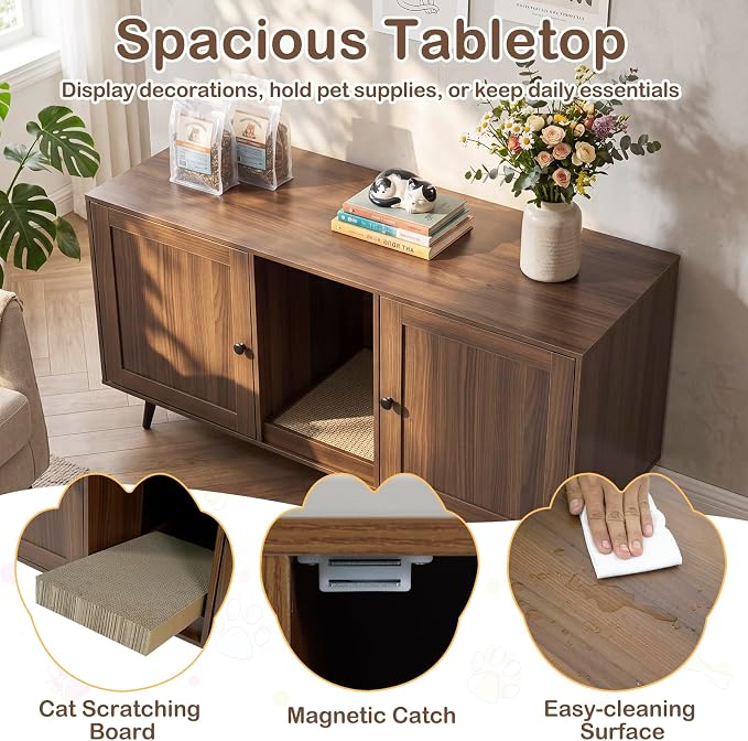 Tangkula Double Cat Litter Box Enclosure for 2 Cats, Large Stackable Hidden Privacy Cat Washroom Cabinet with Scratching Board, Indoor Cat House TV Stand Side Table, Litter Box Furniture (Brown) - Image 8