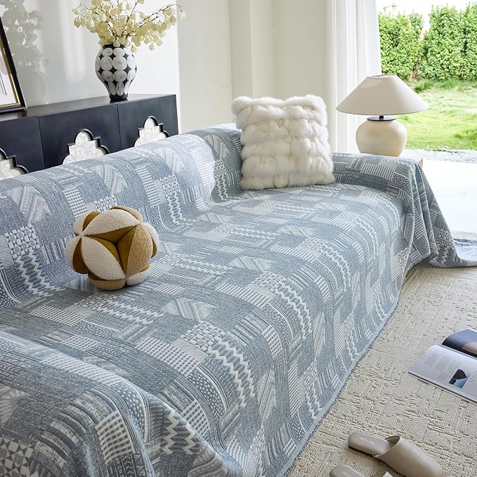 DREAMINGO Vintage Patchwork 3-Layer Gauze Geometric Jacquard Sofa Cover, Farmhouse Couch Cover Blanket for 3 Seater, Living Room Washable Furniture Protector, Denim Blue, 91"x150" - Image 2