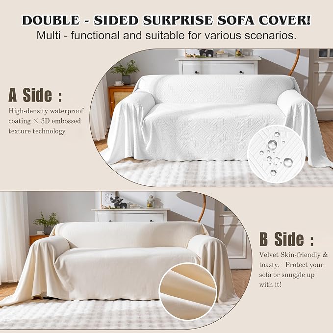 Waterproof Couch Cover, Reversible, Pet-Friendly, Washable and Anti-Slip Couch Covers for Sofa Protection with 3 Cushions, Sofa Slipcovers for Dogs and Cats (71×118in/White) - Image 3