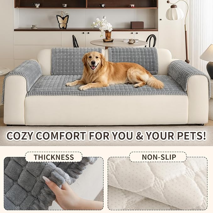 Couch Covers for Sofa Washable, Non Slip Couch Covers for Dogs, Soft Plush Pet Friendly Dog Couch Cover, Plaid Couch Protector for Dogs, Pet Couch Cover for LoveSeat(Light Grey,28"×59",1PC) - Image 5