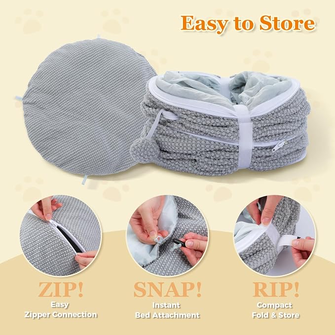 PEQULTI Cat Donut Tunnel with Bed for Indoor Cats, Cat Play Tunnel with Washable Soft Plush Mat, Round Tube Toys Cute Tube for Kittens, Puppies, Rabbits and Ferrets, Grey - Image 6