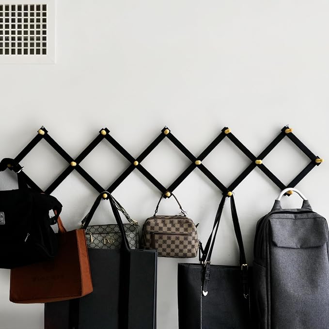SKOLOO Accordion Wall Hanger with 16 Hooks, Modern Expandable Coat Rack Hat Rack for Wall, Solid Wooden, Natural on Black - Image 2