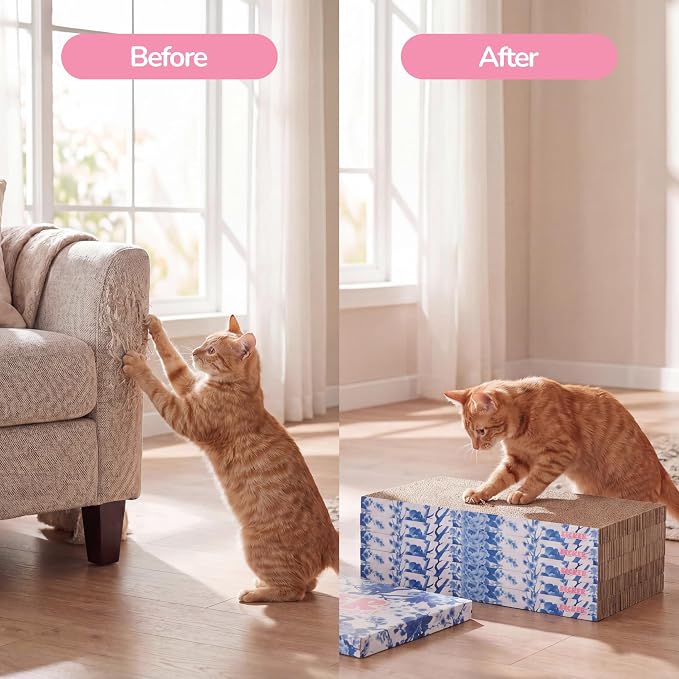 Naomi 18" x 10" Reversible Corrugated Cardboard Cat Scratcher Pads with Catnip, 5-Pack, Blue/White Chinoiserie Modern Furniture Protector CSR1009F - Image 7