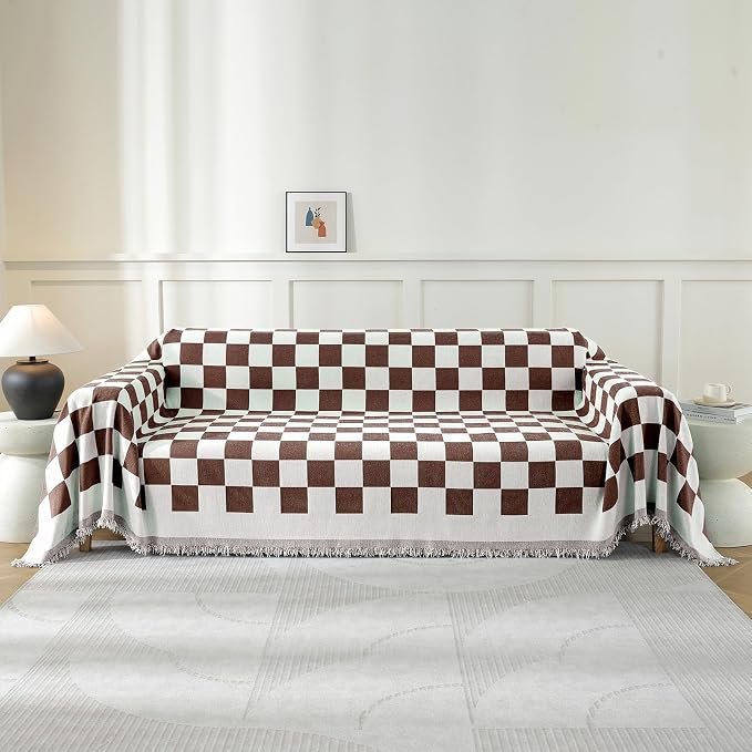 Couch Cover for Sofa, Boho Sofa Cover Washable Couch Cover for Dogs, Pet Sofa Cover for 2-Cushion Couches with Tassel Furniture Protector Cover,71" x 118",Dark Coffee-Square by YSTELLAA