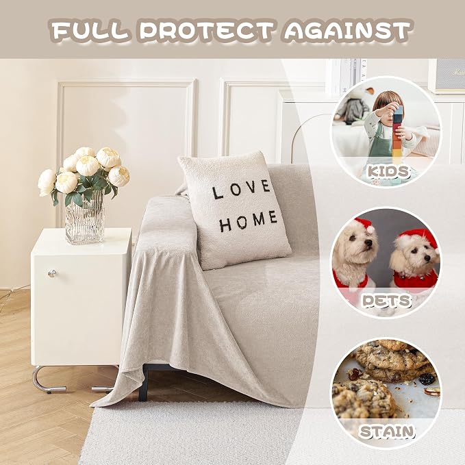 MYSKY HOME Sofa Cover, Couch Covers for Pet Couch Cover Reclining Couch Covers Loveseat Covers for 2 Cushion Couch Thick Durable Sofa Covers for Furniture Couch Cover, 71" x 102", Oat - Image 2