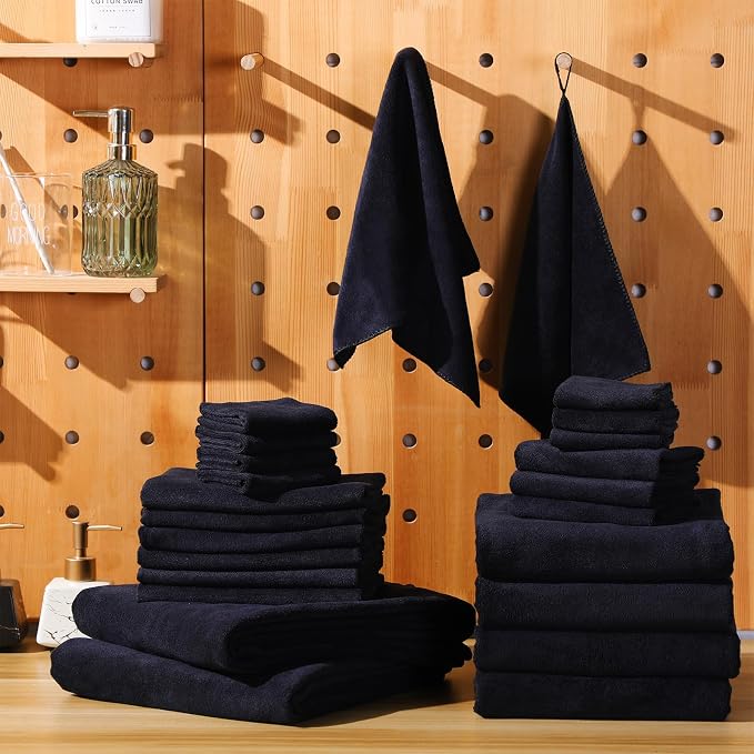 Mixweer 24 Piece Black Microfiber Absorbent Towel Set: 2 Oversized Bath Sheets, 4 Bath Towels, 6 Hand, 8 Washcloths, 4 Fingertip for Bathroom Spa Gym Camping Beach - Image 2