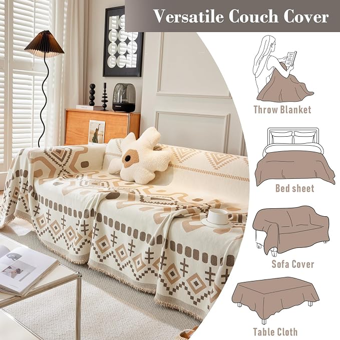 Homcosan Couch Sofa Cover Chenille Sectional Sofa Cover Non Slip Couch Cover for Dogs Washable Chenille Couch Cover Boho Sofa Slipcover for 2 Cushion Couch-Khaki - Image 6