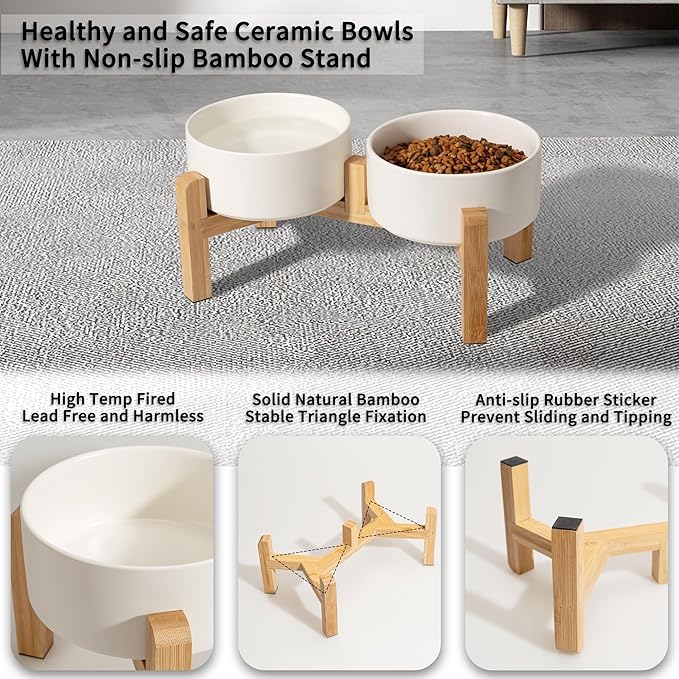 Elevated Ceramic Dog Bowl, 3.6 Cups Dog Food and Water Bowl Set with Stand | 6.1'' Double Dog Feeding Dishes, Non-Slip Raised Dog Feeder for Small and Medium Breeds, 28.74 OZ / 850 ML, White - Image 3