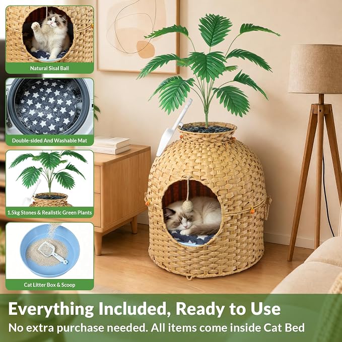 Cat Hidden Litter Box Enclosure Furniture, Handwoven Rattan Cat House with Decorative Faux Plant, Cat Litter Box with Scoop & Sisal Ball, Real Stones for Living Room, Bedroom, Corner Natural - Image 2