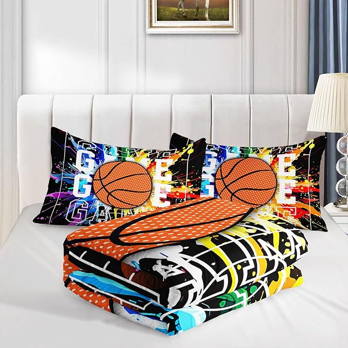 Cartoon Basketball Printed Comforter Set Ball Sports Bedding Set with 1 Comforter and 2 Pillowcases for Boys and Girls Bedroom All Season(Basketball-2 Full) - Image 4