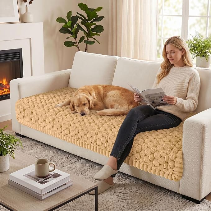 Smiry Non Slip Couch Covers for Dogs, Scratch Resistant Pet Sofa Protector | Machine Washable Soft Fuzzy Thick Furniture Cover for Sofa Loveseat Sectional Large Dogs, Camel, 35.4" x 63" - Image 5